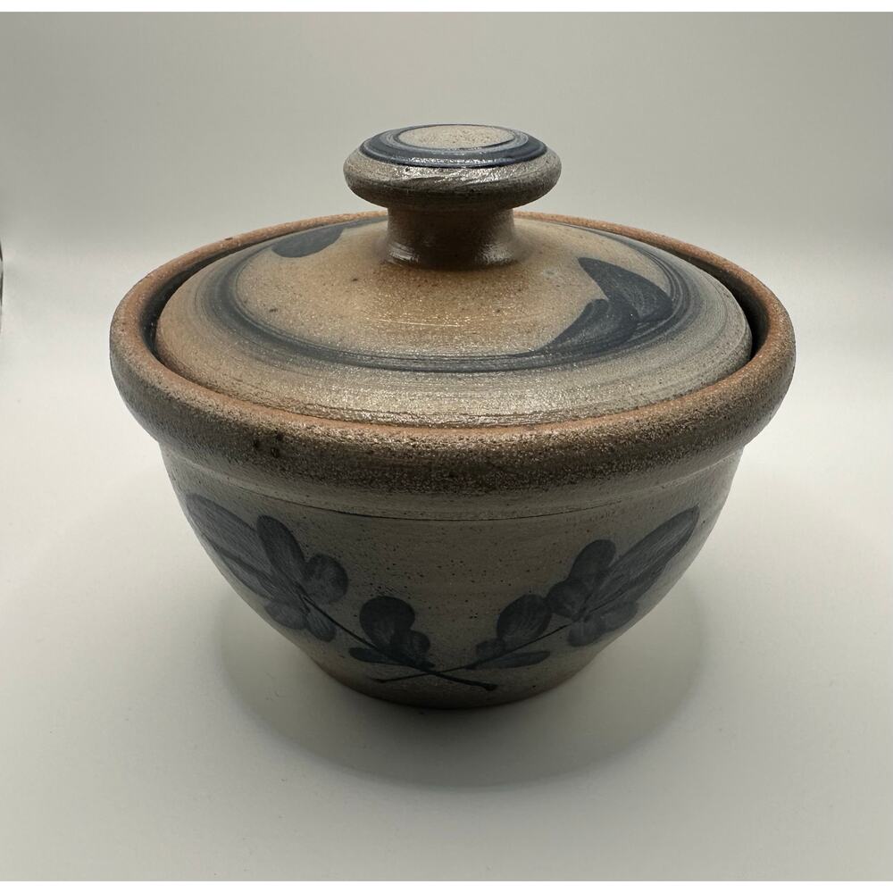 Vintage Rare Rowe Pottery Works Blue Floral Salt Glaze Med Size Crock w/ Lid - Picture 2 of 11